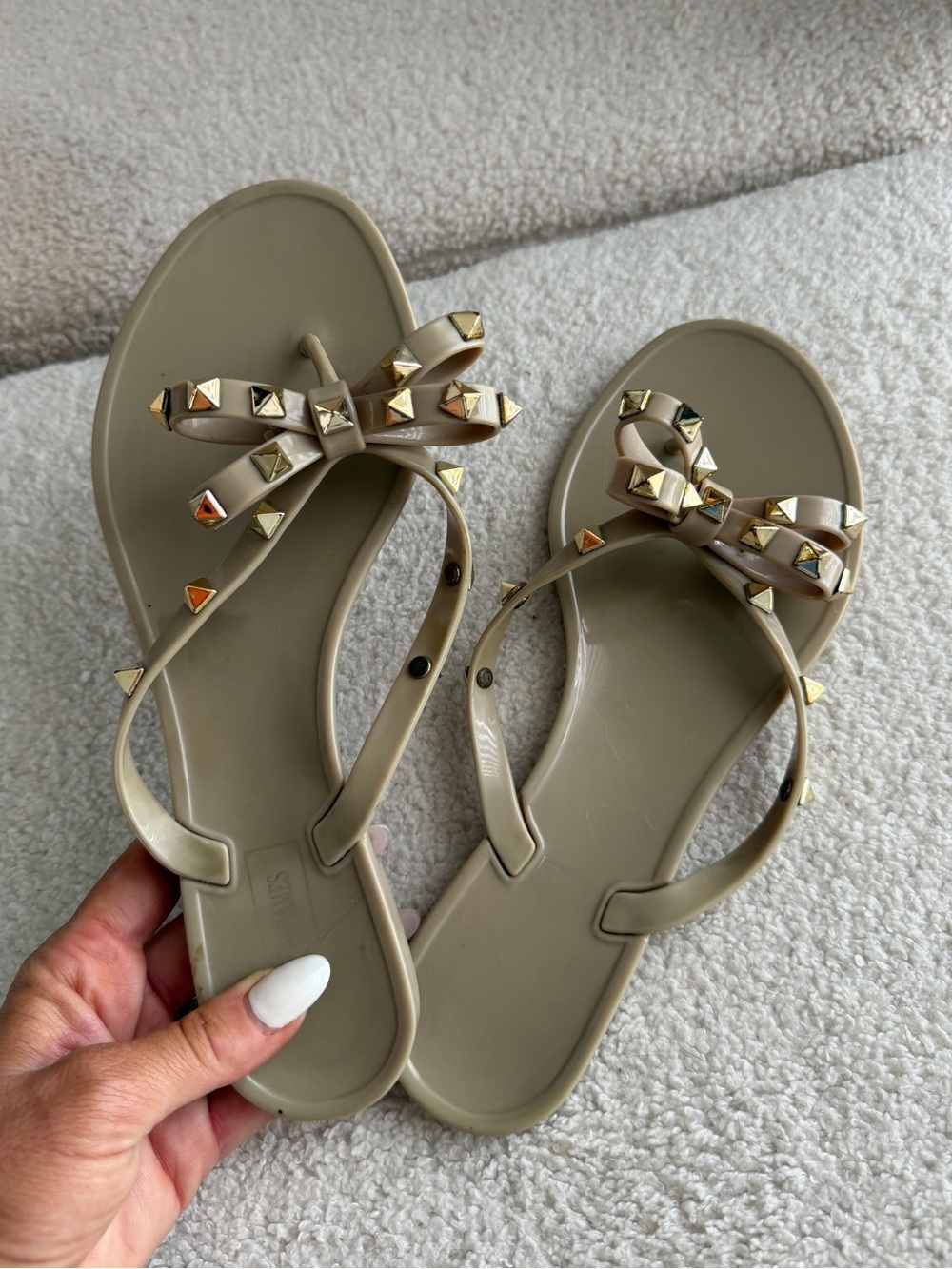 Bow-Accent Studded Sandals in Taupe